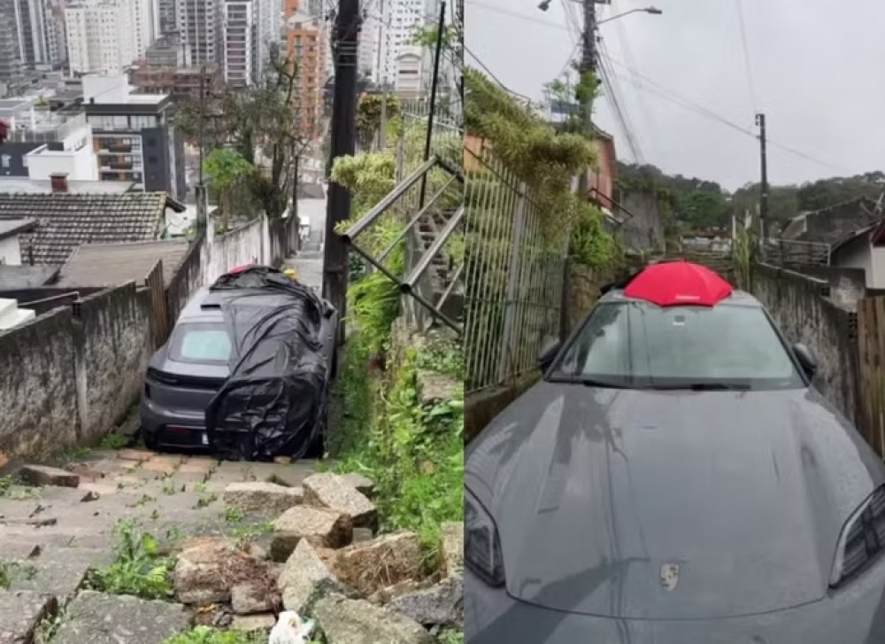 Porsche fica preso em escadaria e motorista abandona carro de luxo em SC
