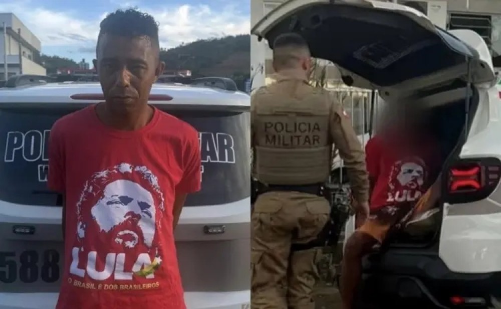 Com camisa do Lula, foragido acusado de tentar enforcar a ex é preso no portão de casa em Jaraguá